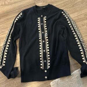 J Crew Navy Blue Embroidered Cardigan Sweater Cotton Blend Size XS